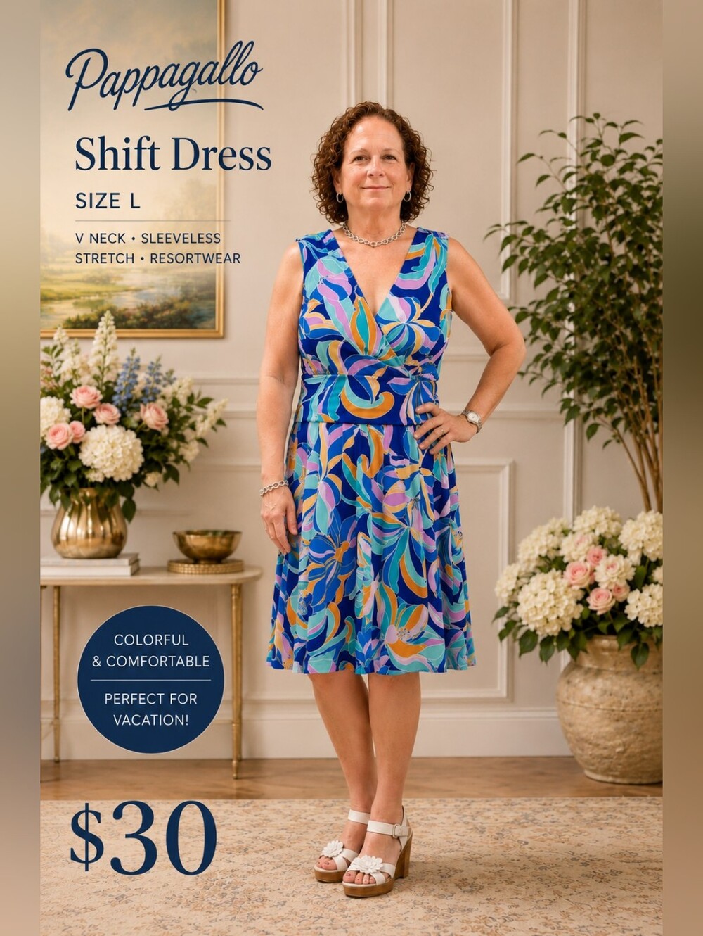 Pappagallo Blue Multicolor V-Neck Sleeveless Shift Dress